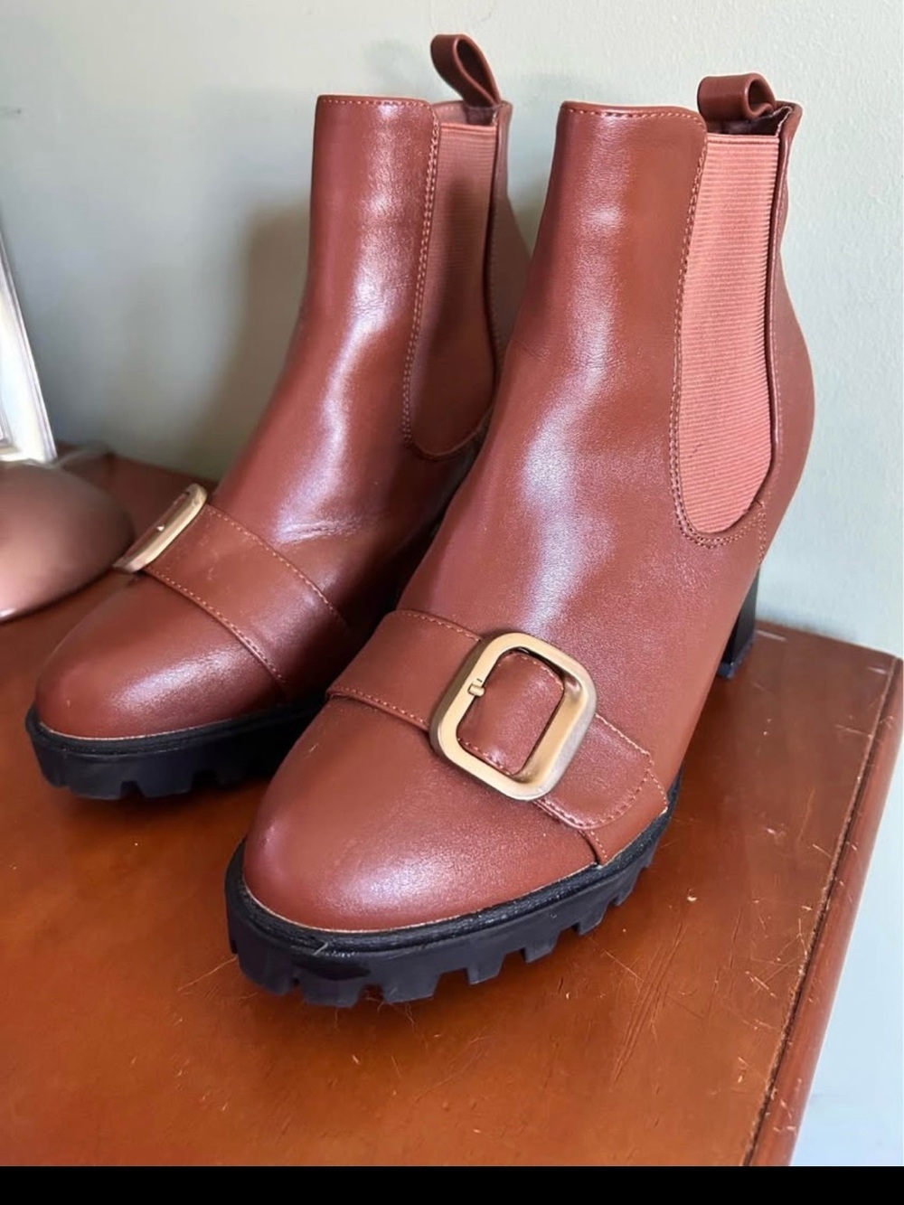 Women's BrownAnkle Boots with Buckle and funky heel